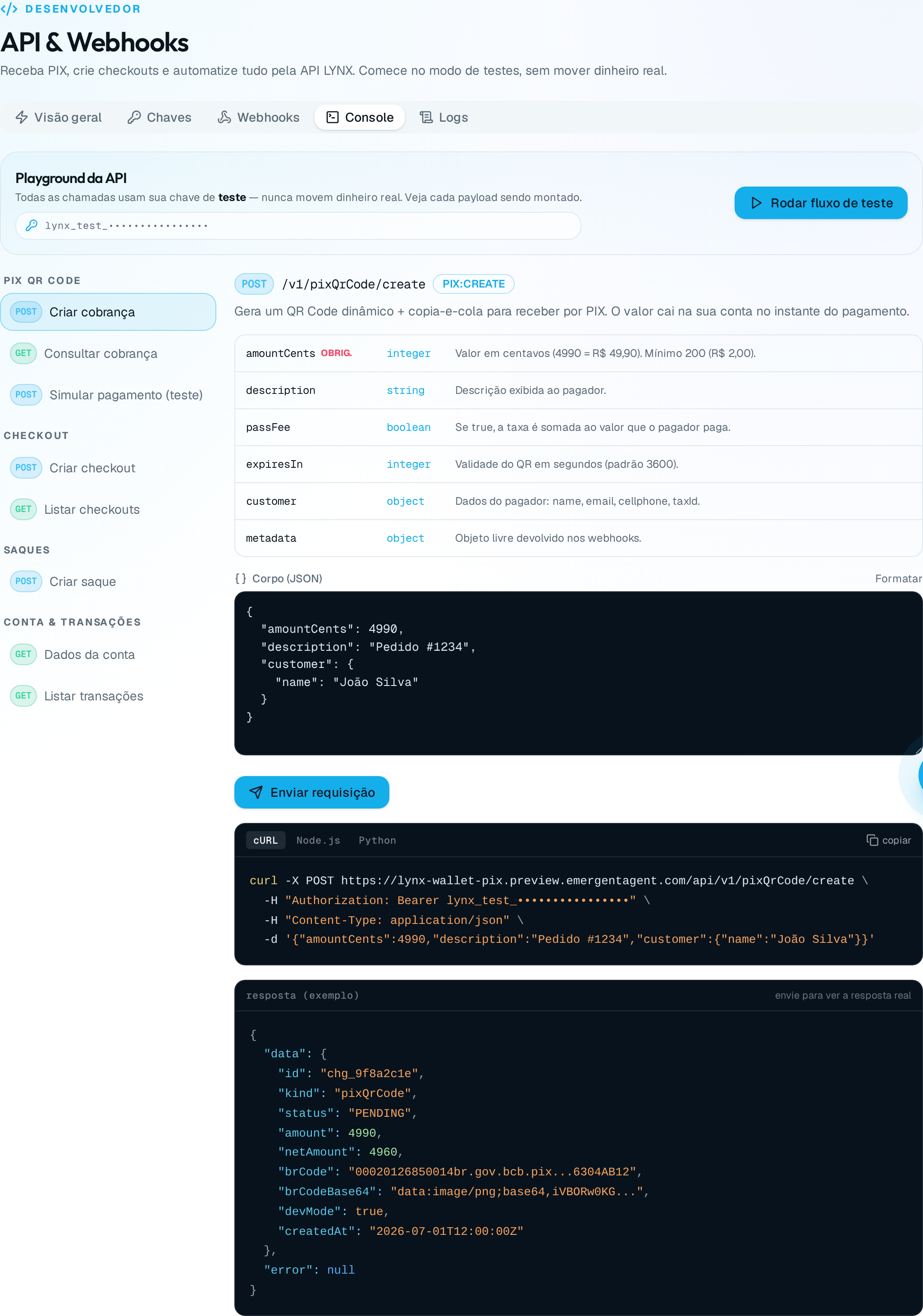Console da API LYNX com playground de endpoints