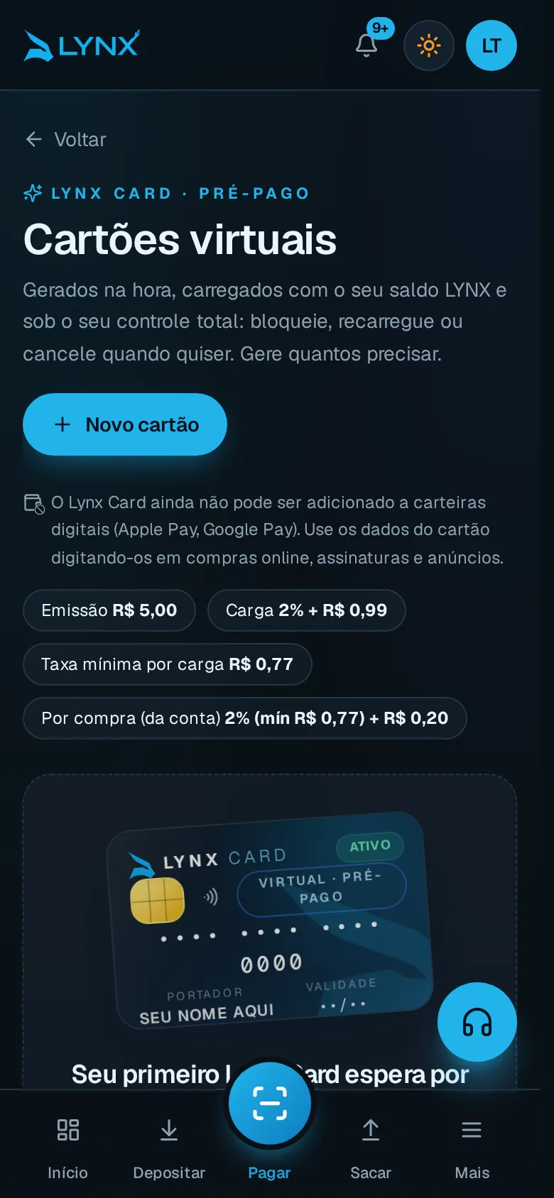 Tela de cartões virtuais LYNX Card