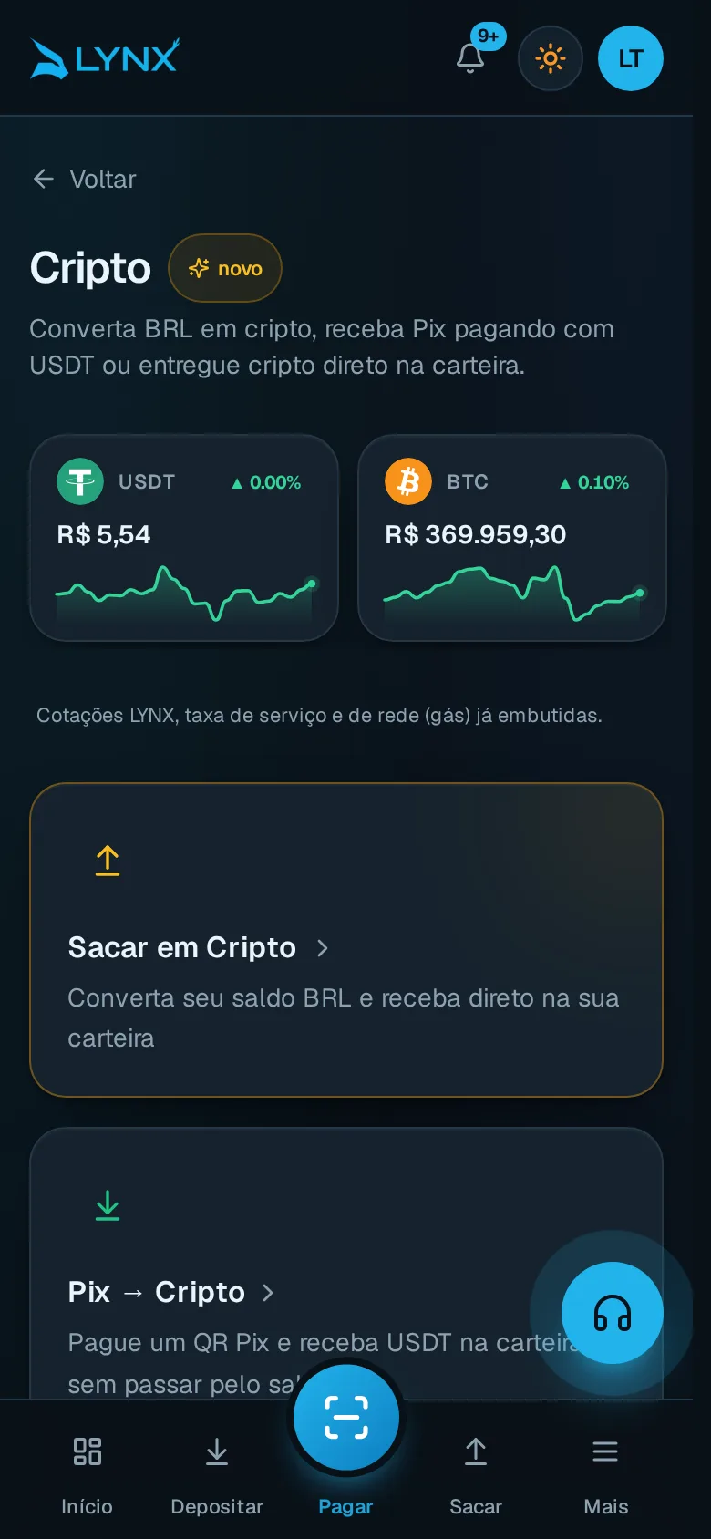Crypto Hub LYNX com cotações e conversão