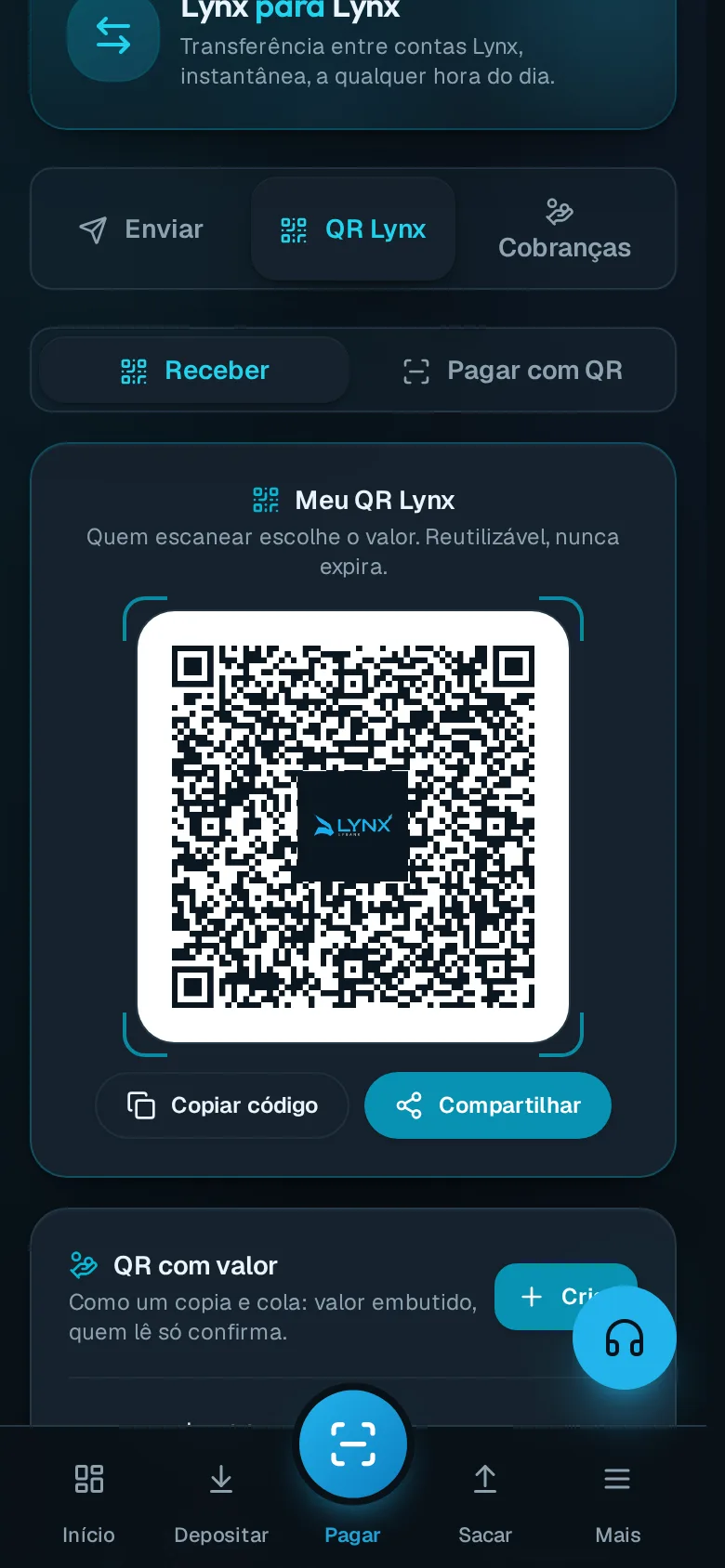 Tela do QR Lynx com Meu QR para receber